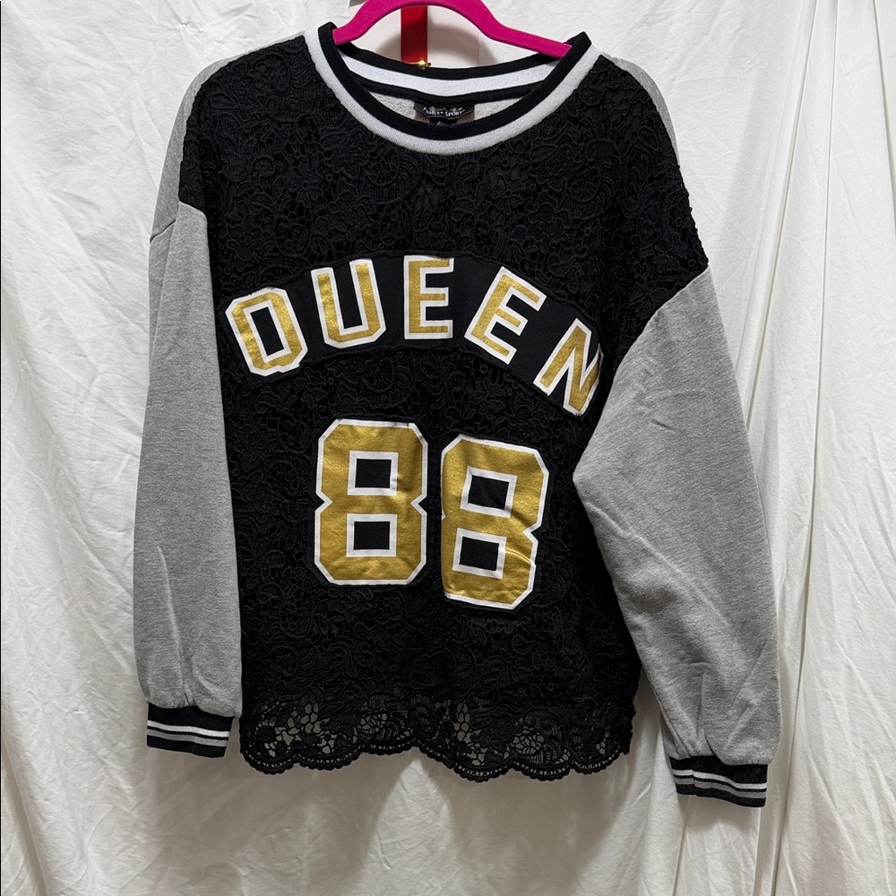 Ashley Stewart Black and Gray Queen 88 Lace Sweatshirt